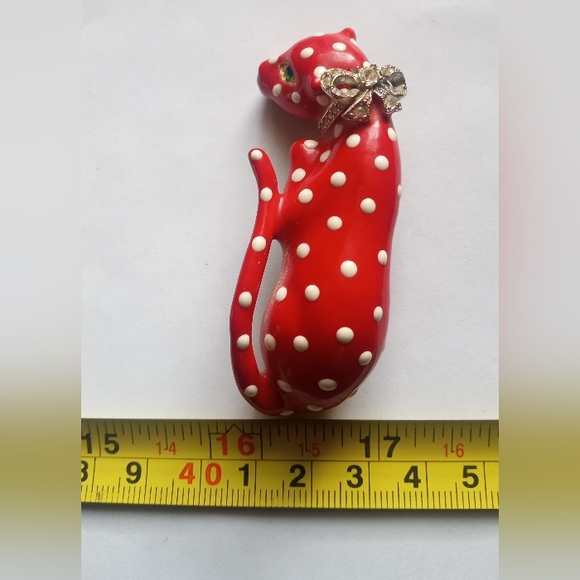 Kenneth Lane Enamel Crystal 1980's Red/White Polka Dot Leopard Signed VTG Brooch - Picture 2 of 16